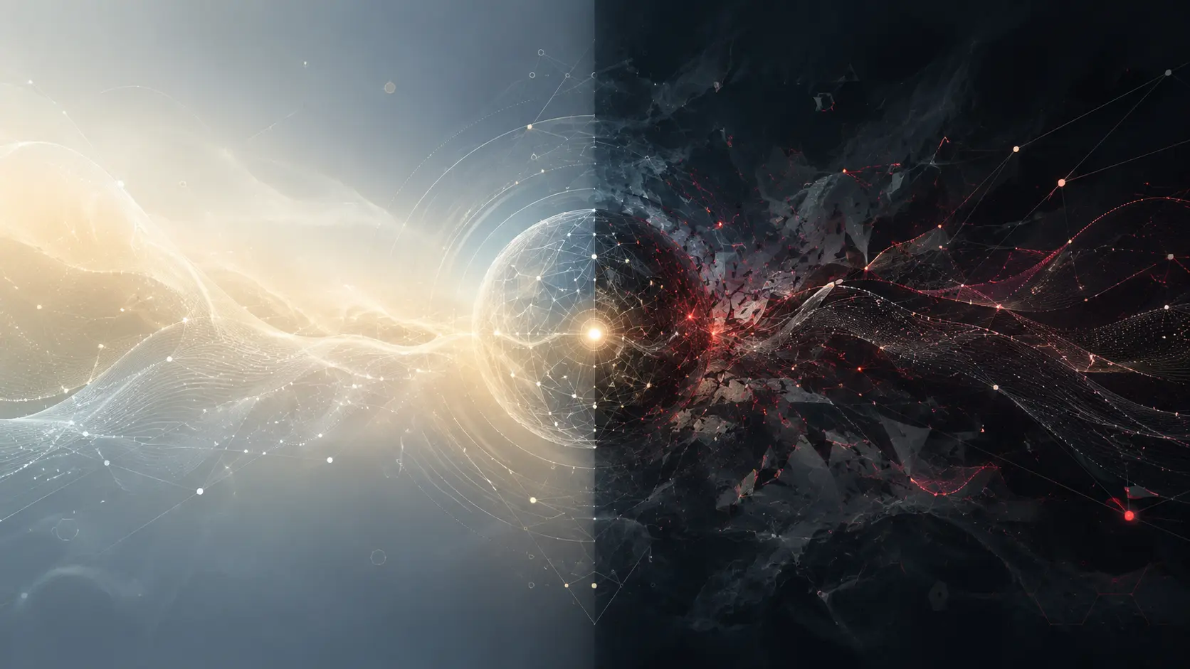 Imagen abstracta que representa la dualidad entre el orden luminoso y el caos fragmentado de la inteligencia artificial