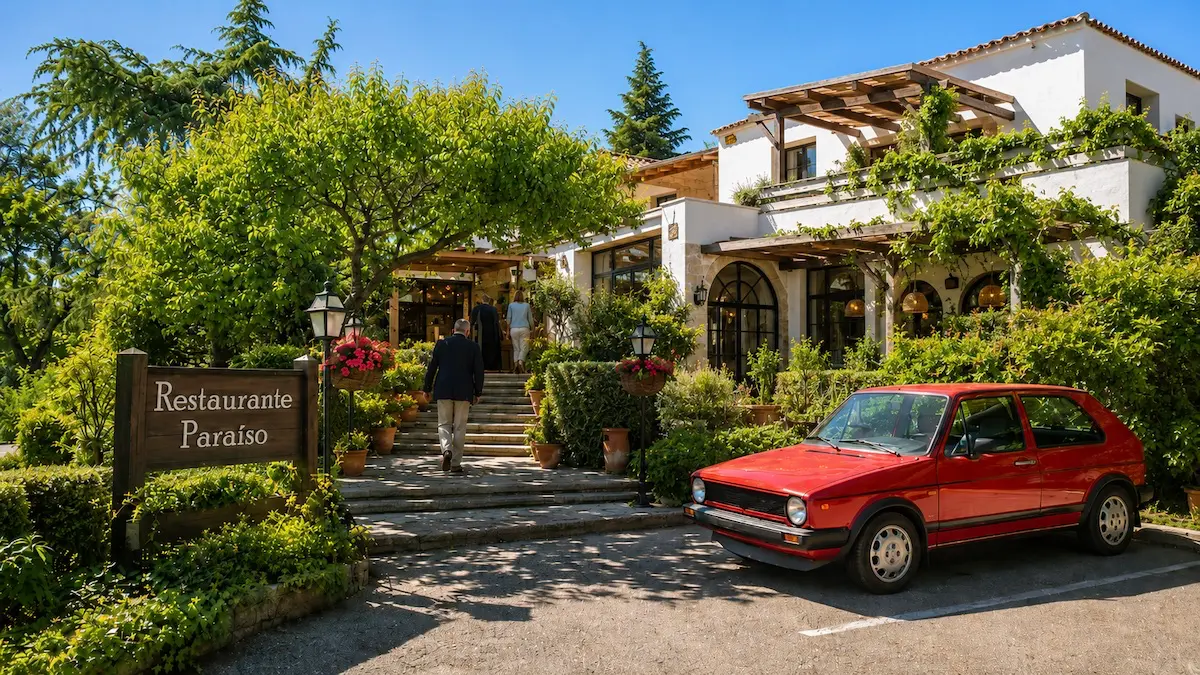 Un Golf GTI ante la puerta de un restaurante. Imagen ficticia generada con ChatGPT