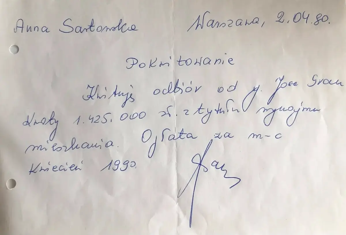 Recibo del pago del alquiler de abril de 1990 de Mokotowska 52, firmado por Anna Sartowska