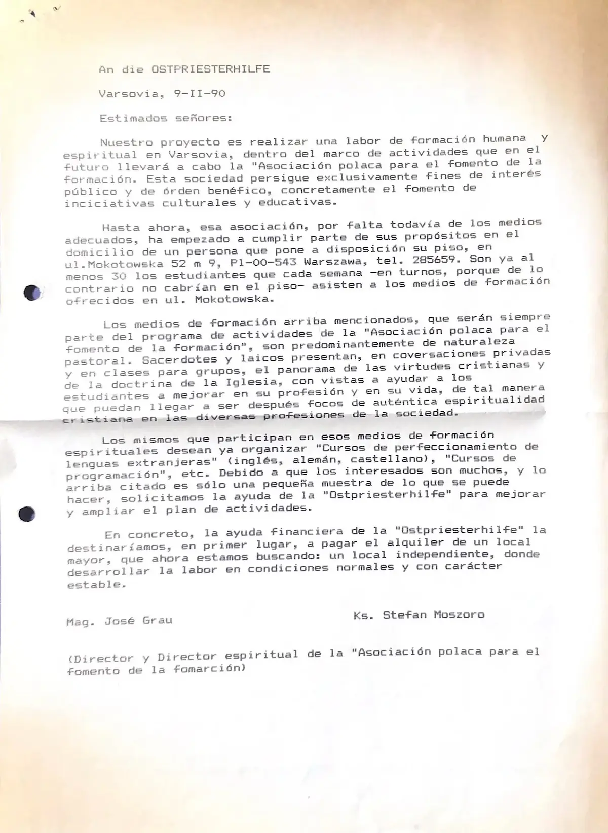 Carta de Stefan Moszoro y José Manuel Grau Navarro a Ostpriesterhilfe, 9 de febrero de 1990