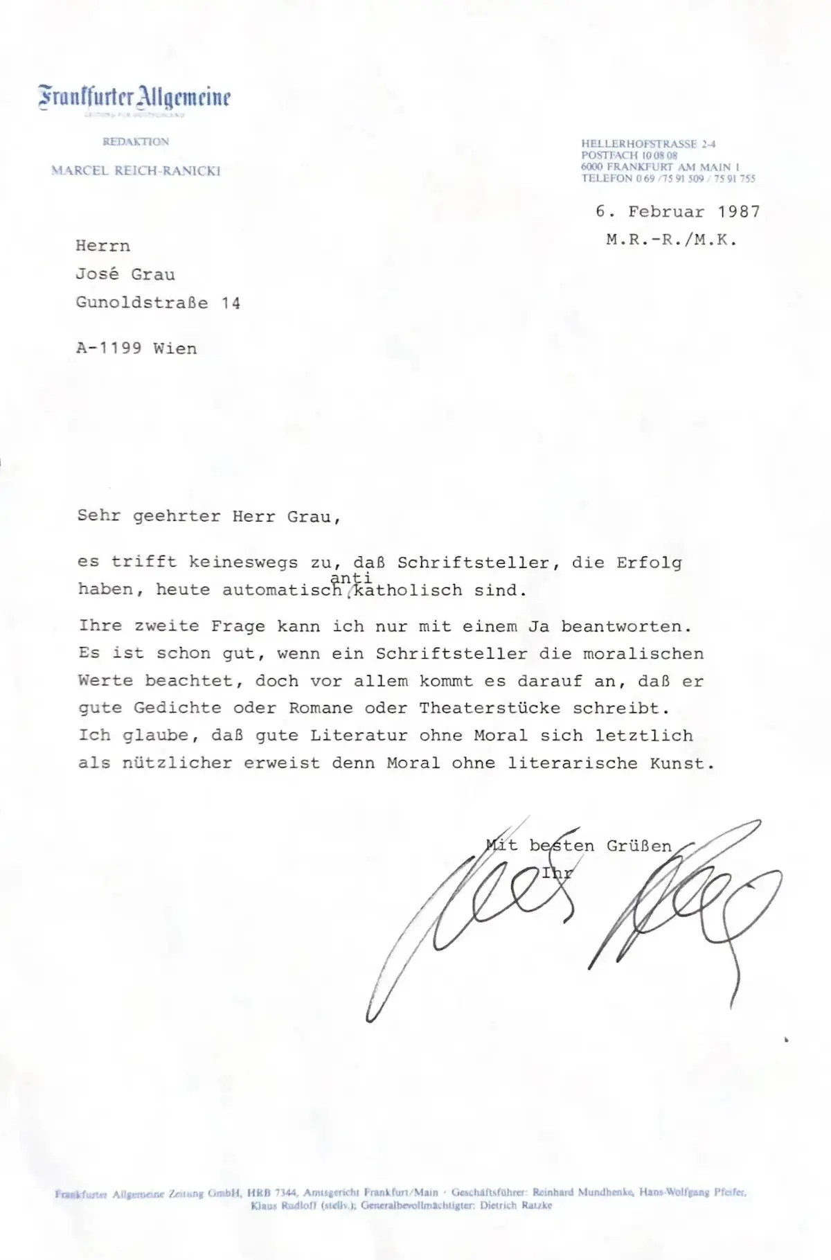 Carta de Marcel Reich-Ranicki, del 06-02-1987, a José Grau