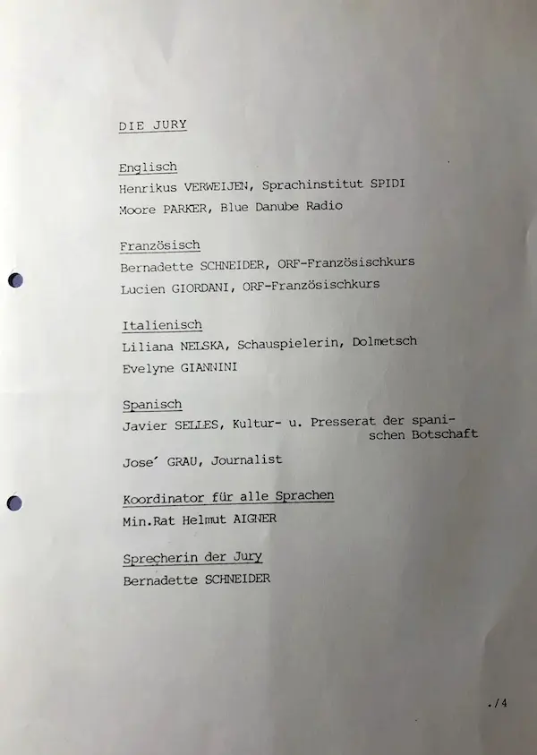 Lista del jurado en el concurso de lenguas. Viena, 24/4/1989