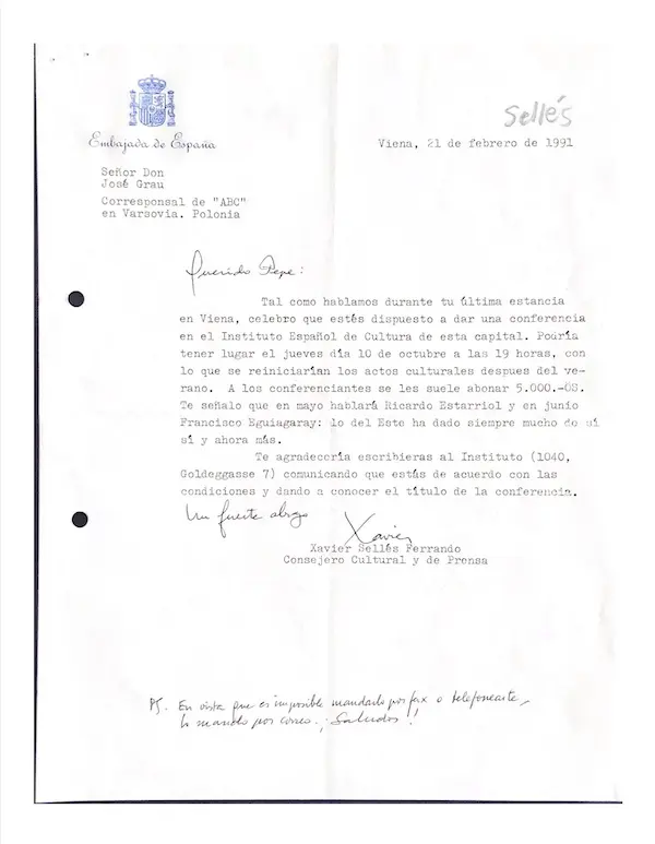 Carta de Javier Sellés a José Manuel Grau Navarro, del 21/2/1991