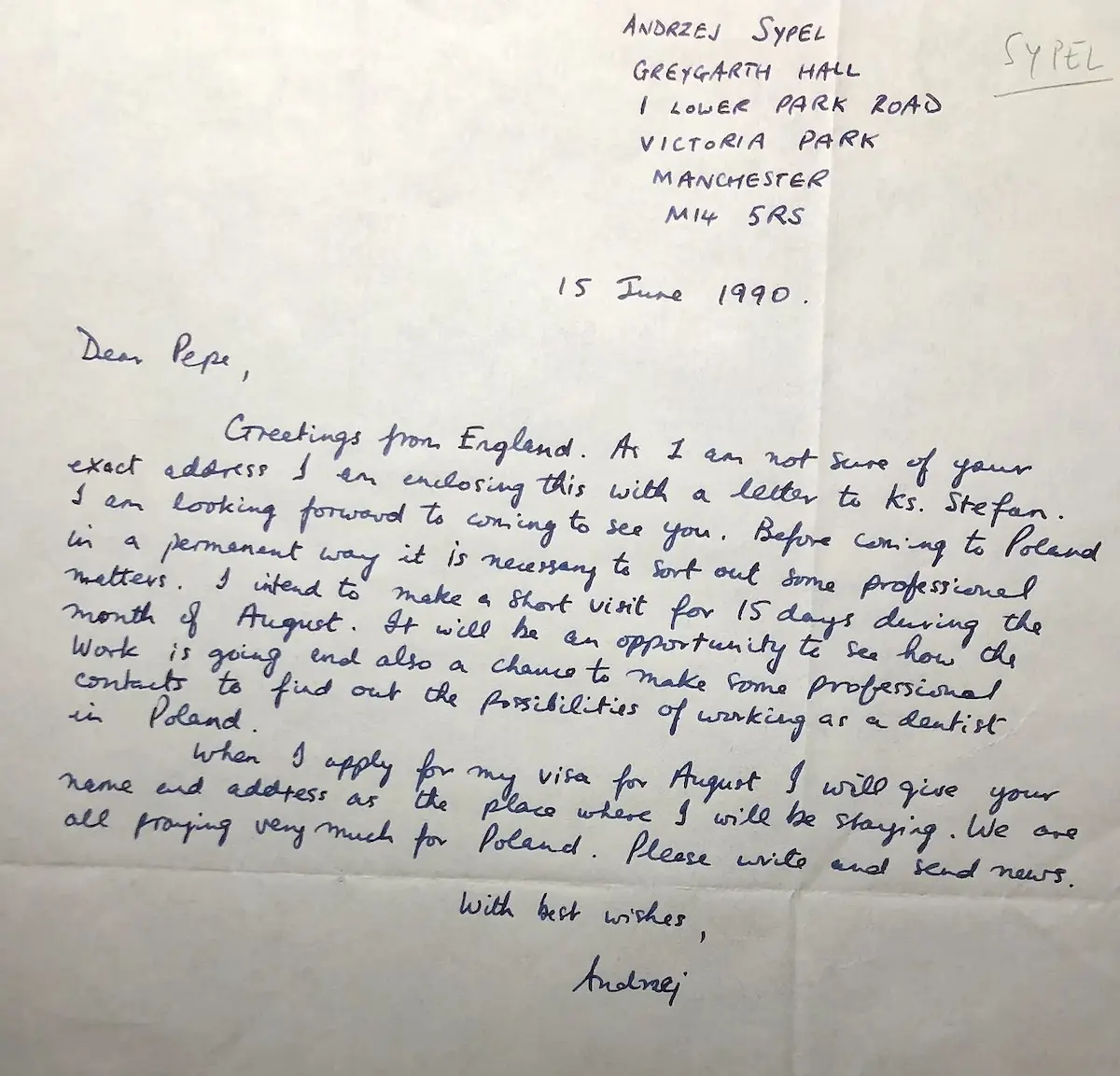 Carta de Andrzej Sypel, 15 de junio de 1990