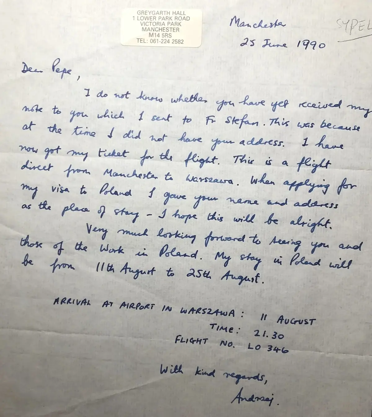 Carta de Andrzej Sypel, 25 de junio de 1990