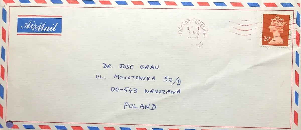 Sobre de una de las cartas de Andrzej Sypel, 1990